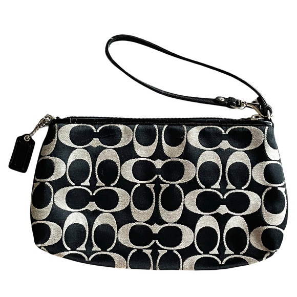 COACH Signature Black Leather Pleated Canvas Top Zip Wristlet Bag Logo Hang Tag - Picture 4 of 10